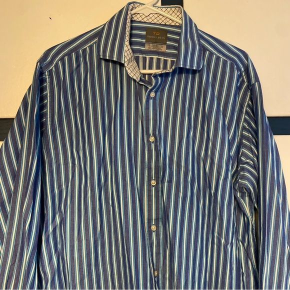 TD Thomas Dean Shirt Mens Size XL Button Front Blue Striped Collared - Picture 2 of 6